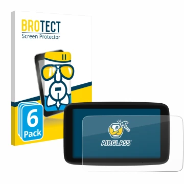 Parte frontal de un envase de producto con el logotipo de la marca BROTECT. Al lado se muestra el dispositivo TomTom GO Classi