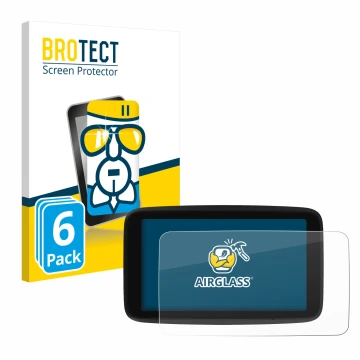 Parte frontal de un envase de producto con el logotipo de la marca BROTECT. Al lado se muestra el dispositivo TomTom GO Classi