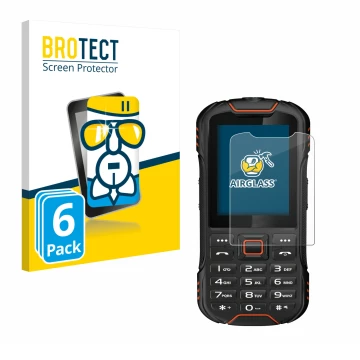 Parte frontal de un envase de producto con el logotipo de la marca BROTECT. Al lado se muestra el dispositivo Gigaset GLX8 con