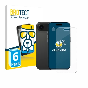 Parte frontal de un envase de producto con el logotipo de la marca BROTECT. Al lado se muestra el dispositivo Apple iPhone Air