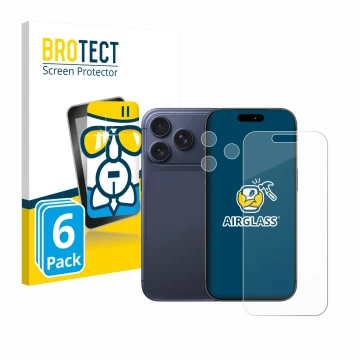 Parte frontal de un envase de producto con el logotipo de la marca BROTECT. Al lado se muestra el dispositivo Apple iPhone 17 