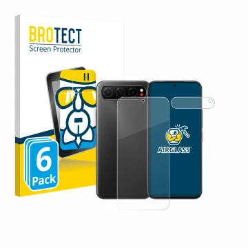 Parte frontal de un envase de producto con el logotipo de la marca BROTECT. Al lado se muestra el dispositivo Nubia Air (Front