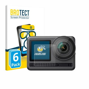 Parte frontal de un envase de producto con el logotipo de la marca BROTECT. Al lado se muestra el dispositivo Akaso Brave 8 (P