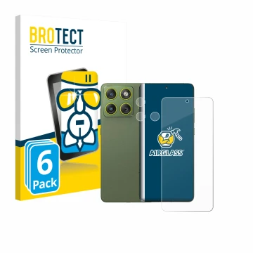 Parte frontal de un envase de producto con el logotipo de la marca BROTECT. Al lado se muestra el dispositivo Motorola Edge 70