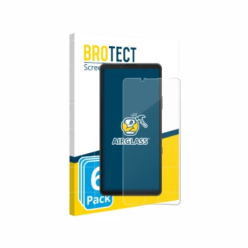 Parte frontal de un envase de producto con el logotipo de la marca BROTECT. Al lado se muestra el dispositivo Sony Xperia 10 V