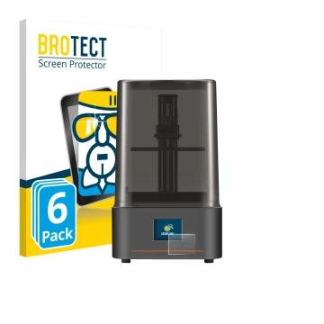 Parte frontal de un envase de producto con el logotipo de la marca BROTECT. Al lado se muestra el dispositivo Anycubic Photon 