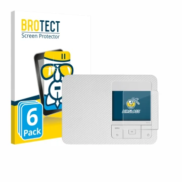 Parte frontal de un envase de producto con el logotipo de la marca BROTECT. Al lado se muestra el dispositivo Canon Selphy CP1
