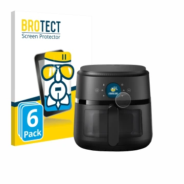 Parte frontal de un envase de producto con el logotipo de la marca BROTECT. Al lado se muestra el dispositivo Philips Airfryer