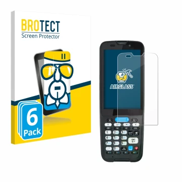 Parte frontal de un envase de producto con el logotipo de la marca BROTECT. Al lado se muestra el dispositivo Unitech HT330 co