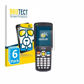 Parte frontal de un envase de producto con el logotipo de la marca BROTECT. Al lado se muestra el dispositivo Unitech HT510 co