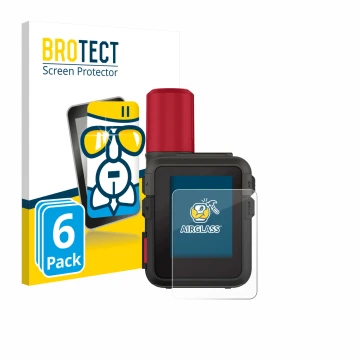 Parte frontal de un envase de producto con el logotipo de la marca BROTECT. Al lado se muestra el dispositivo Garmin inReach M