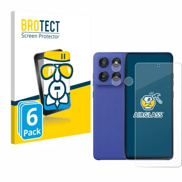 Parte frontal de un envase de producto con el logotipo de la marca BROTECT. Al lado se muestra el dispositivo Motorola Edge 60