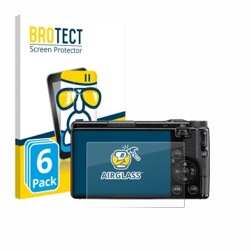 Parte frontal de un envase de producto con el logotipo de la marca BROTECT. Al lado se muestra el dispositivo Ricoh GR IV HDF 