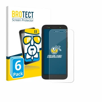 Parte frontal de un envase de producto con el logotipo de la marca BROTECT. Al lado se muestra el dispositivo Zebra TC501 con 