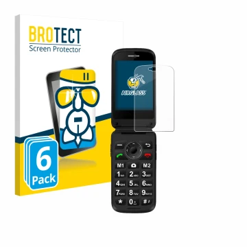 Parte frontal de un envase de producto con el logotipo de la marca BROTECT. Al lado se muestra el dispositivo Simvalley Mobile