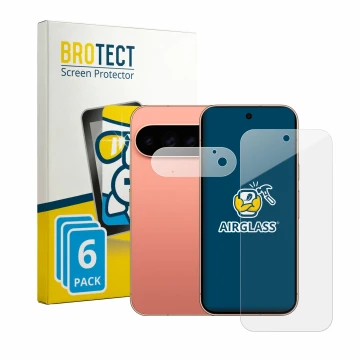 Parte frontal de un envase de producto con el logotipo de la marca BROTECT. Al lado se muestra el dispositivo Google Pixel 11 