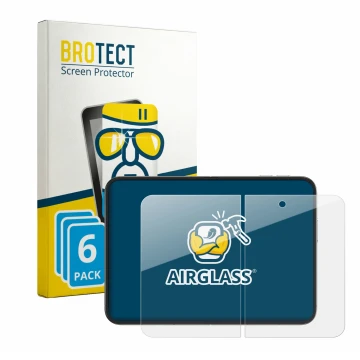 Parte frontal de un envase de producto con el logotipo de la marca BROTECT. Al lado se muestra el dispositivo Apple iPhone Duo