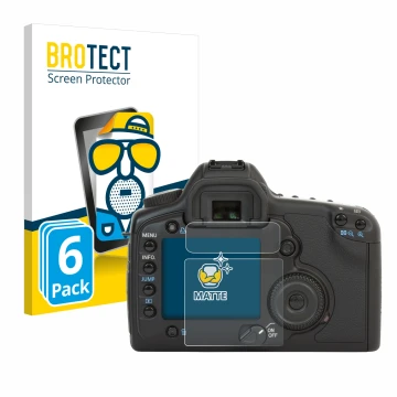 Parte frontal de un envase de producto con el logotipo de la marca BROTECT. Al lado se muestra el dispositivo Canon EOS 5D con