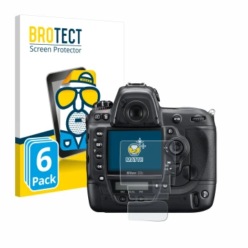 Parte frontal de un envase de producto con el logotipo de la marca BROTECT. Al lado se muestra el dispositivo Nikon D3S con su