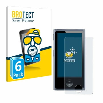 Parte frontal de un envase de producto con el logotipo de la marca BROTECT. Al lado se muestra el dispositivo Apple iPod nano 