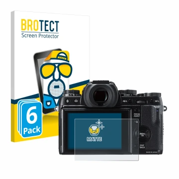 Parte frontal de un envase de producto con el logotipo de la marca BROTECT. Al lado se muestra el dispositivo Fujifilm X-T1 co
