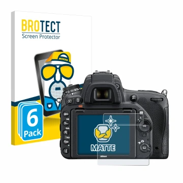 Parte frontal de un envase de producto con el logotipo de la marca BROTECT. Al lado se muestra el dispositivo Nikon D750 con s