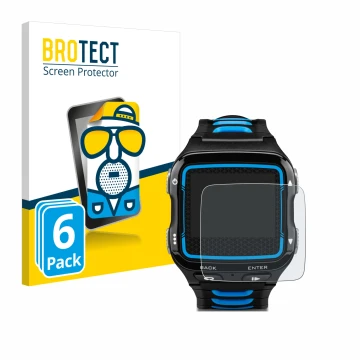 Parte frontal de un envase de producto con el logotipo de la marca BROTECT. Al lado se muestra el dispositivo Garmin Forerunne