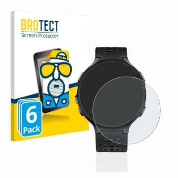 Parte frontal de un envase de producto con el logotipo de la marca BROTECT. Al lado se muestra el dispositivo Garmin Forerunne
