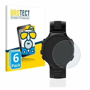 Parte frontal de un envase de producto con el logotipo de la marca BROTECT. Al lado se muestra el dispositivo Garmin Forerunne