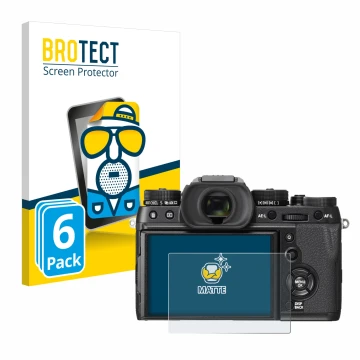 Parte frontal de un envase de producto con el logotipo de la marca BROTECT. Al lado se muestra el dispositivo Fujifilm X-T2 co