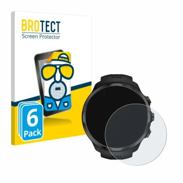 Parte frontal de un envase de producto con el logotipo de la marca BROTECT. Al lado se muestra el dispositivo Suunto Spartan S