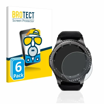 Parte frontal de un envase de producto con el logotipo de la marca BROTECT. Al lado se muestra el dispositivo Samsung Gear S3 