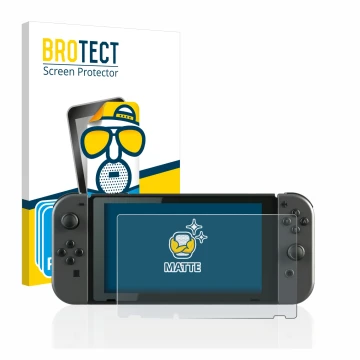 Parte frontal de un envase de producto con el logotipo de la marca BROTECT. Al lado se muestra el dispositivo Nintendo Switch 