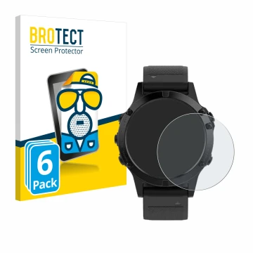 Parte frontal de un envase de producto con el logotipo de la marca BROTECT. Al lado se muestra el dispositivo Garmin Fenix 5 (
