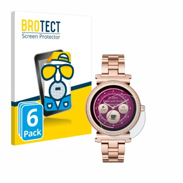 Parte frontal de un envase de producto con el logotipo de la marca BROTECT. Al lado se muestra el dispositivo Michael Kors Acc