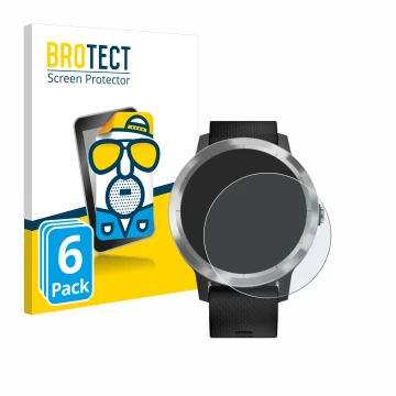 Parte frontal de un envase de producto con el logotipo de la marca BROTECT. Al lado se muestra el dispositivo Garmin vivoactiv