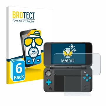 Parte frontal de un envase de producto con el logotipo de la marca BROTECT. Al lado se muestra el dispositivo New Nintendo 2DS