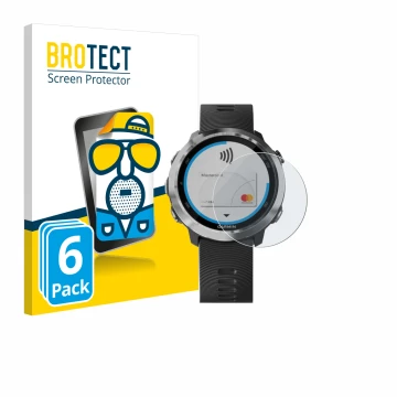 Parte frontal de un envase de producto con el logotipo de la marca BROTECT. Al lado se muestra el dispositivo Garmin Forerunne