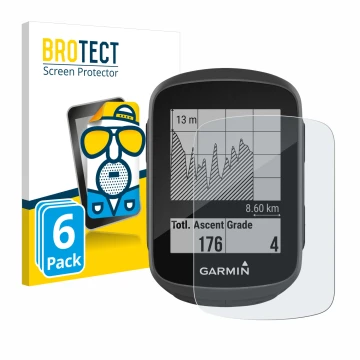 Parte frontal de un envase de producto con el logotipo de la marca BROTECT. Al lado se muestra el dispositivo Garmin Edge 130 