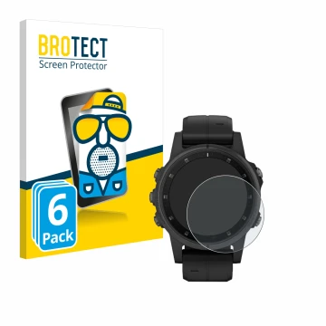 Parte frontal de un envase de producto con el logotipo de la marca BROTECT. Al lado se muestra el dispositivo Garmin Fenix 5S 