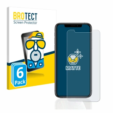 Parte frontal de un envase de producto con el logotipo de la marca BROTECT. Al lado se muestra el dispositivo Apple iPhone Xs 
