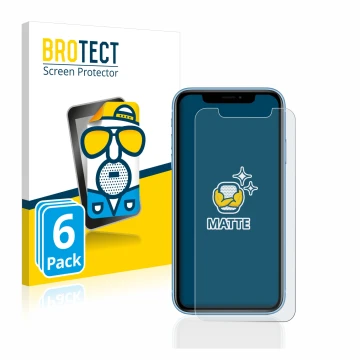 Parte frontal de un envase de producto con el logotipo de la marca BROTECT. Al lado se muestra el dispositivo Apple iPhone XR 