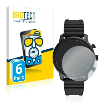 Parte frontal de un envase de producto con el logotipo de la marca BROTECT. Al lado se muestra el dispositivo Fossil Q Explori