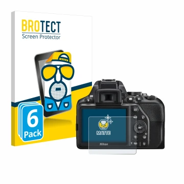 Parte frontal de un envase de producto con el logotipo de la marca BROTECT. Al lado se muestra el dispositivo Nikon D3500 con 