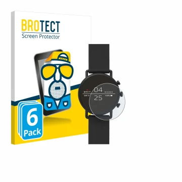 Parte frontal de un envase de producto con el logotipo de la marca BROTECT. Al lado se muestra el dispositivo Skagen Smartwatc