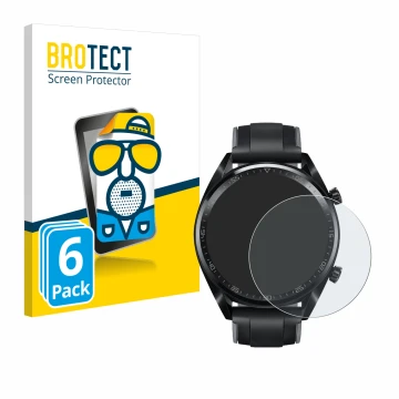 Parte frontal de un envase de producto con el logotipo de la marca BROTECT. Al lado se muestra el dispositivo Huawei Watch GT 
