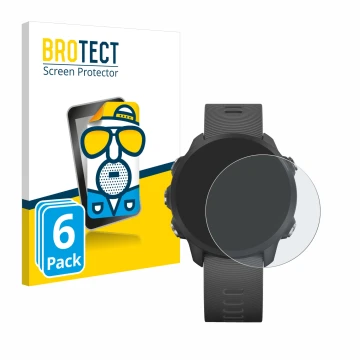 Parte frontal de un envase de producto con el logotipo de la marca BROTECT. Al lado se muestra el dispositivo Garmin Forerunne