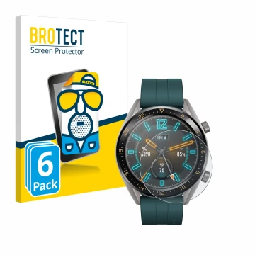 Parte frontal de un envase de producto con el logotipo de la marca BROTECT. Al lado se muestra el dispositivo Huawei Watch GT 