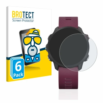 Parte frontal de un envase de producto con el logotipo de la marca BROTECT. Al lado se muestra el dispositivo Garmin Forerunne