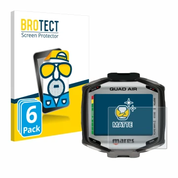 Parte frontal de un envase de producto con el logotipo de la marca BROTECT. Al lado se muestra el dispositivo Mares Quad Air c